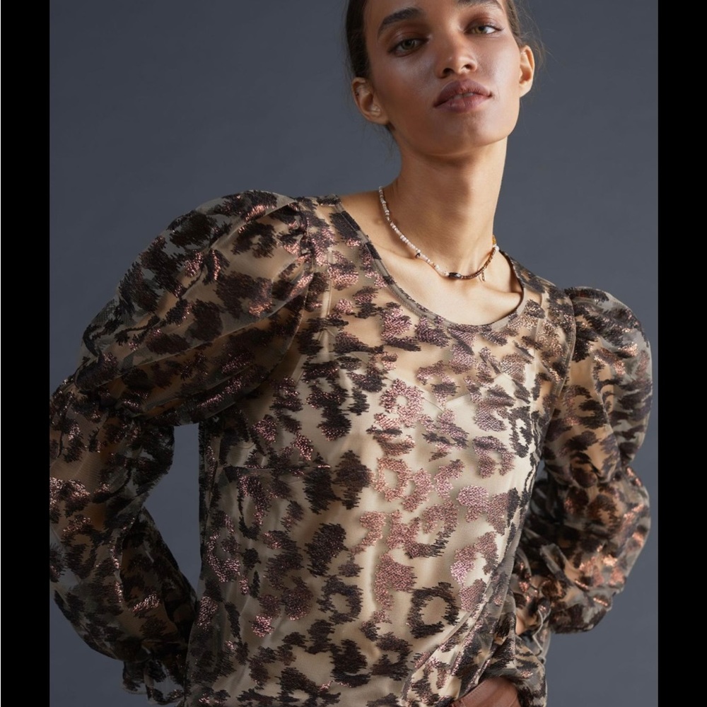 Eva Franco Anthropologie Leapord Blouse with Balloon Sleeves size S